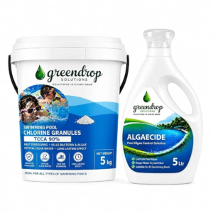 TCCA 90% Chlorine Granules 5Kg + Pool Algaecide 5L Combo Pack | Swimming Pool Water Treatment Kit | Fast Dissolving | Kills Bacteria, Controls Algae & Keeps Water Crystal Clear